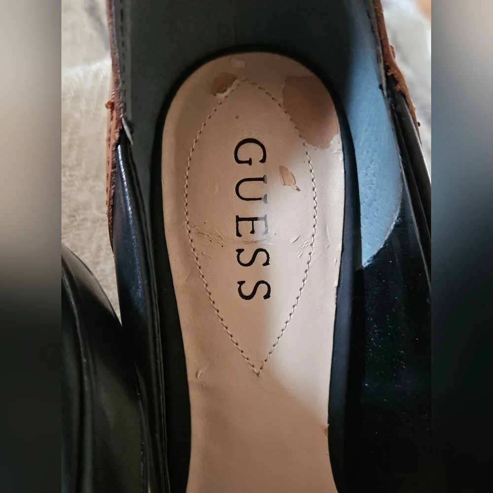 Guess Genuine Leather Black & Tan Ankle Buckle Platform Wood Heels-9M